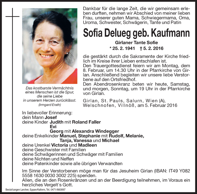  Traueranzeige für Sofia Delueg vom 06.02.2016 aus Dolomiten