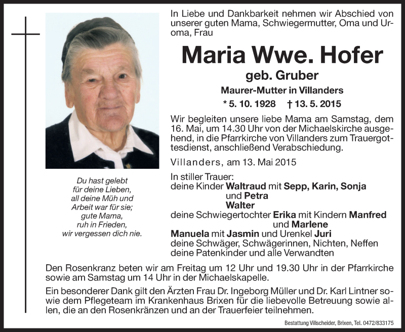  Traueranzeige für Maria Hofer vom 15.05.2015 aus Dolomiten