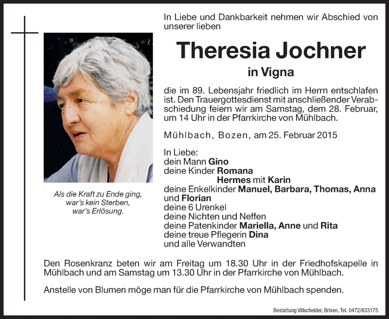  Traueranzeige für Theresia Jochner vom 26.02.2015 aus Dolomiten