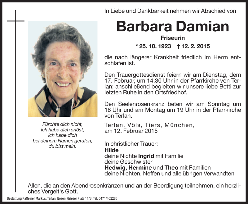  Traueranzeige für Barbara Damian vom 14.02.2015 aus Dolomiten