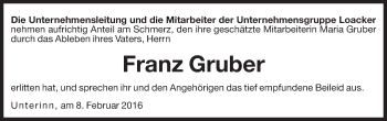 Traueranzeige von Franz Gruber von Dolomiten