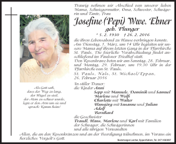 Traueranzeige von Josefine Ebner von Dolomiten