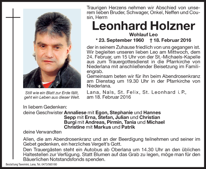  Traueranzeige für Leonhard Holzner vom 23.02.2016 aus Dolomiten