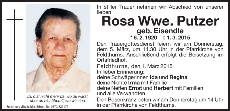  Traueranzeige für Rosa Putzer vom 04.03.2015 aus Dolomiten