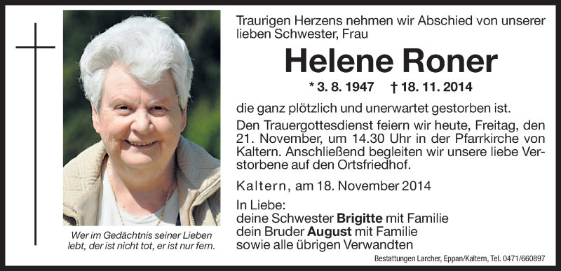  Traueranzeige für Helene Roner vom 21.11.2014 aus Dolomiten