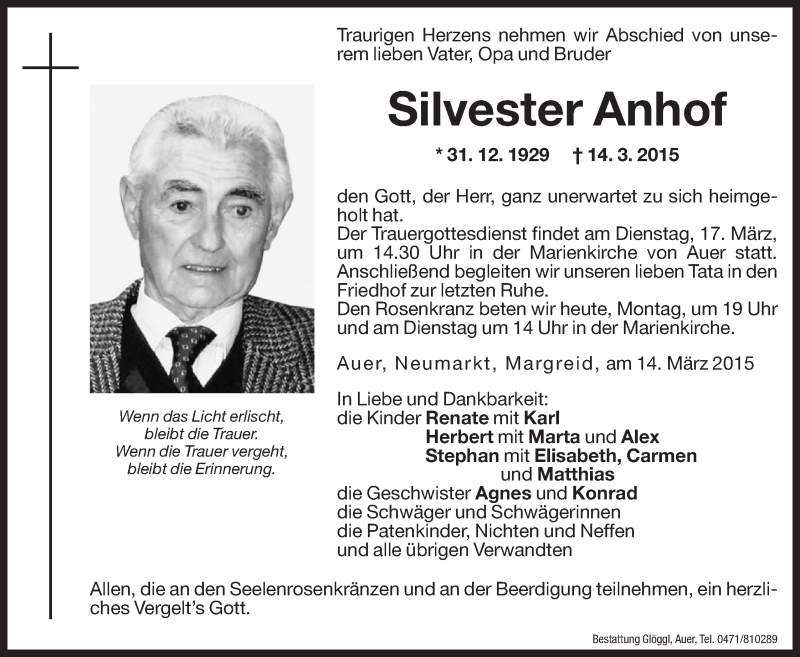  Traueranzeige für Silvester Anhof vom 16.03.2015 aus Dolomiten