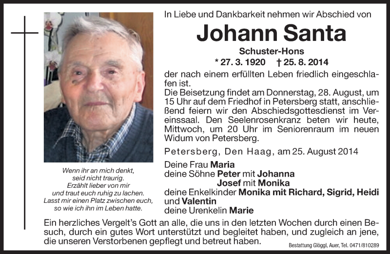  Traueranzeige für Johann Santa vom 27.08.2014 aus Dolomiten