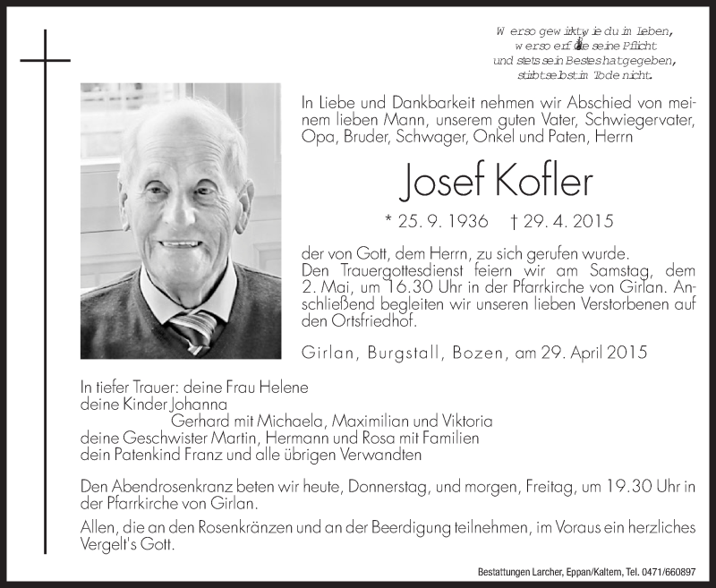  Traueranzeige für Josef Kofler vom 30.04.2015 aus Dolomiten