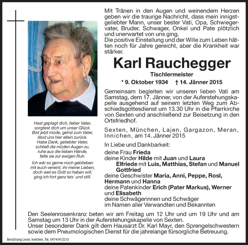  Traueranzeige für Karl Rauchegger vom 16.01.2015 aus Dolomiten