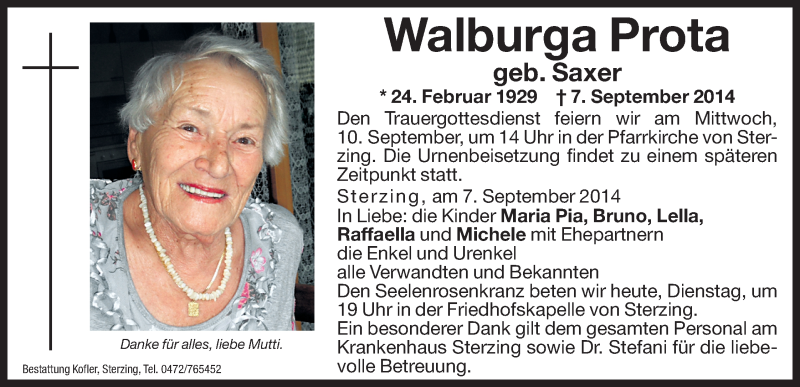  Traueranzeige für Walburga Prota vom 09.09.2014 aus Dolomiten