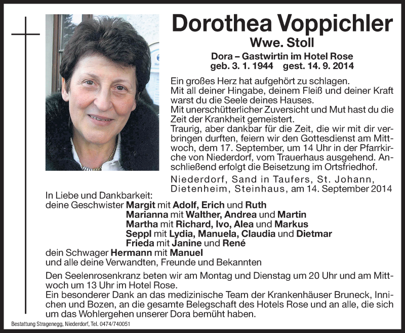  Traueranzeige für Dorothea Stoll vom 15.09.2014 aus Dolomiten