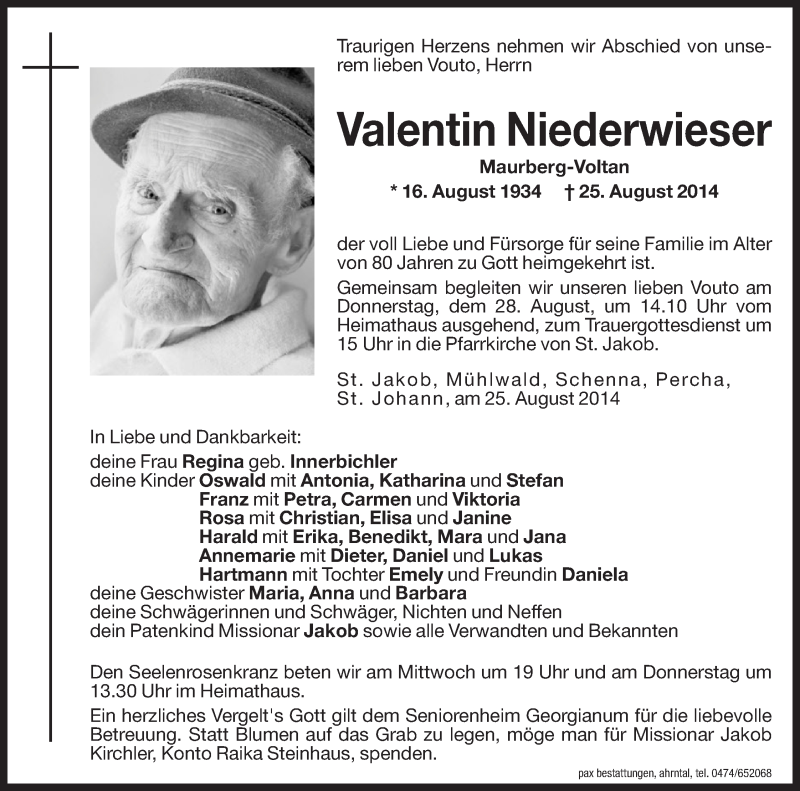  Traueranzeige für Valentin Niederwieser vom 27.08.2014 aus Dolomiten