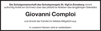 Traueranzeige von Giovanni Comploi von Dolomiten