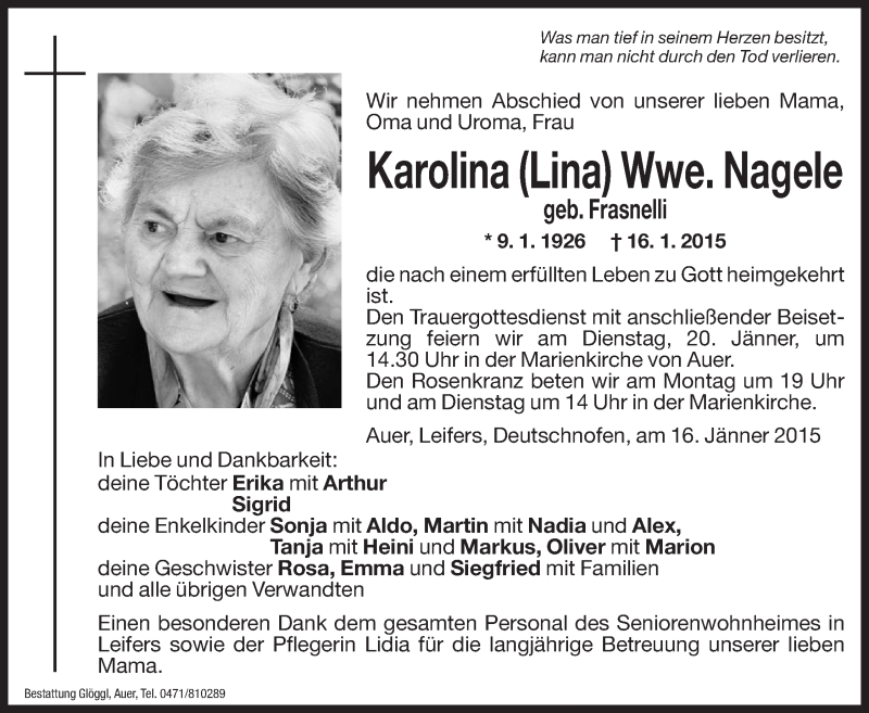  Traueranzeige für Karolina (Lina) Nagele vom 17.01.2015 aus Dolomiten