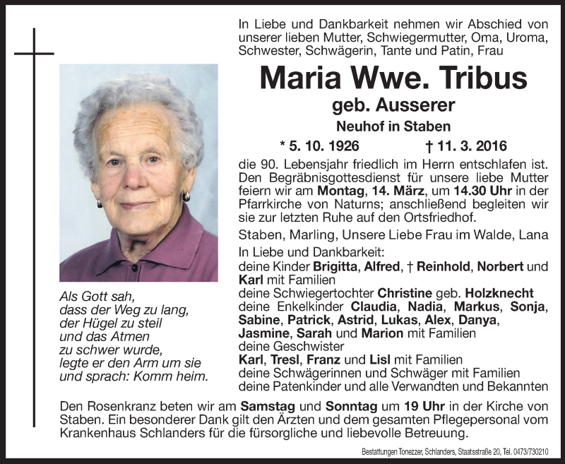  Traueranzeige für Maria Tribus vom 12.03.2016 aus Dolomiten