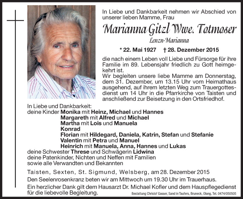  Traueranzeige für Marianna Totmoser vom 30.12.2015 aus Dolomiten