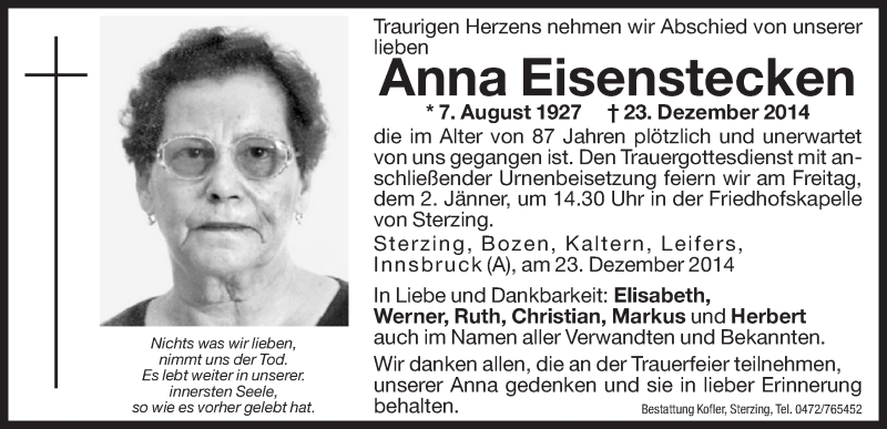  Traueranzeige für Anna Eisenstecken vom 31.12.2014 aus Dolomiten