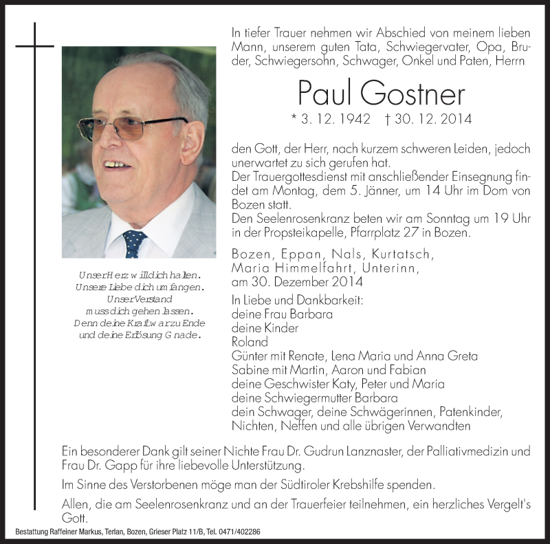  Traueranzeige für Paul Gostner vom 02.01.2015 aus Dolomiten