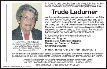 Traueranzeige von Trude Ladurner von Dolomiten