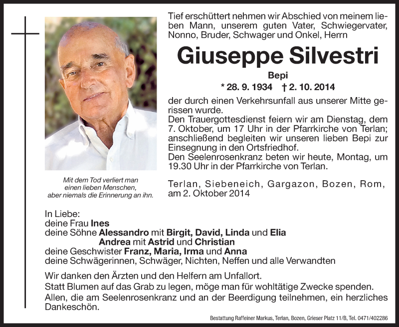  Traueranzeige für Giuseppe Silvestri vom 06.10.2014 aus Dolomiten