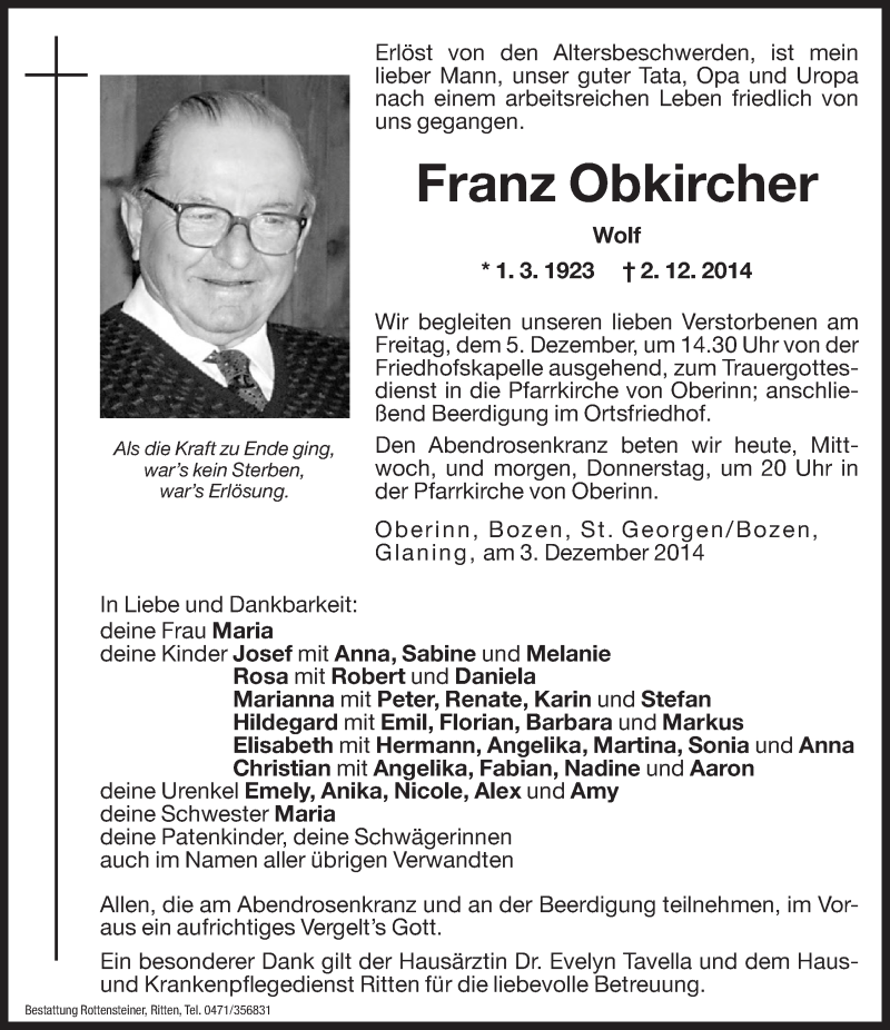  Traueranzeige für Franz Obkircher vom 03.12.2014 aus Dolomiten