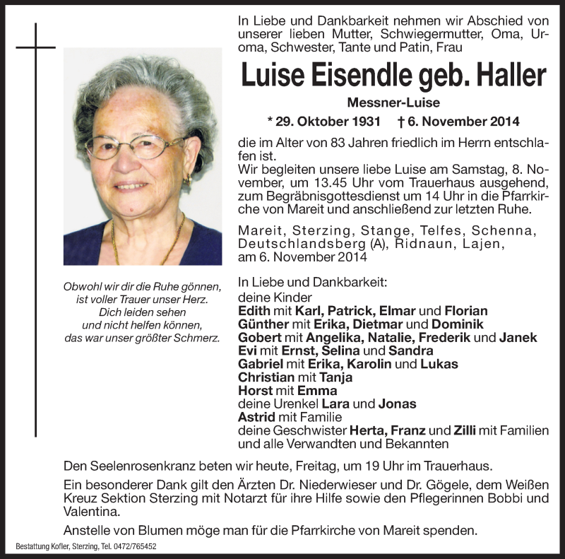  Traueranzeige für Luise Eisendle vom 07.11.2014 aus Dolomiten