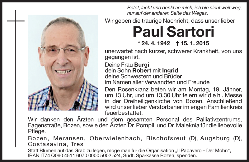  Traueranzeige für Paul Sartori vom 17.01.2015 aus Dolomiten