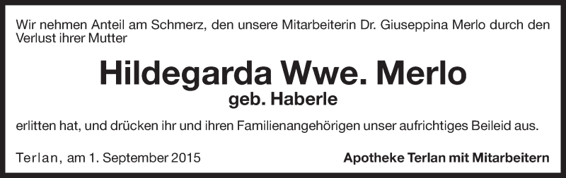  Traueranzeige für Hildegarda Merlo vom 02.09.2015 aus Dolomiten