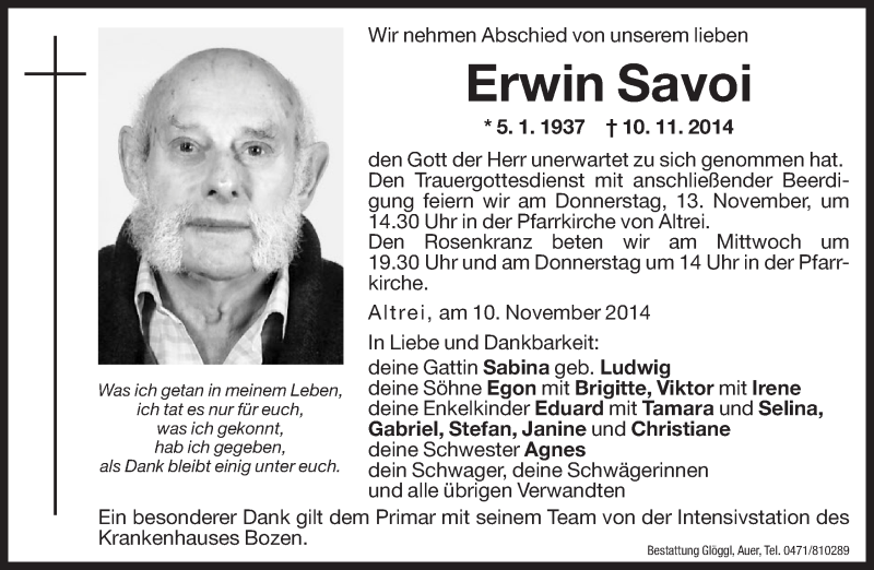  Traueranzeige für Erwin Savoi vom 12.11.2014 aus Dolomiten