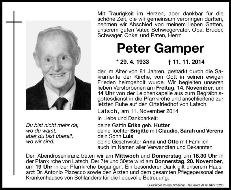  Traueranzeige für Peter Gamper vom 12.11.2014 aus Dolomiten