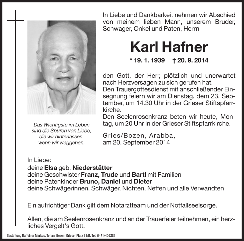  Traueranzeige für Karl Hafner vom 22.09.2014 aus Dolomiten