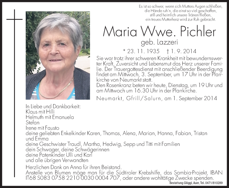  Traueranzeige für Maria Pichler vom 02.09.2014 aus Dolomiten