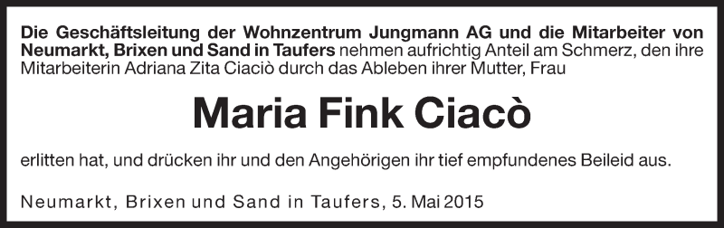  Traueranzeige für Maria Fink Ciacò vom 05.05.2015 aus Dolomiten