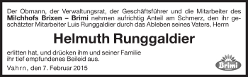Traueranzeige von Helmuth Runggaldier von Dolomiten