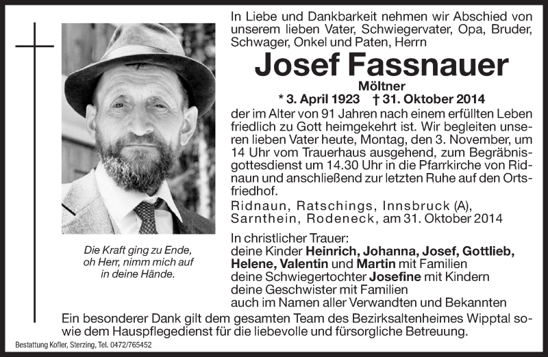  Traueranzeige für Josef Fassnauer vom 03.11.2014 aus Dolomiten