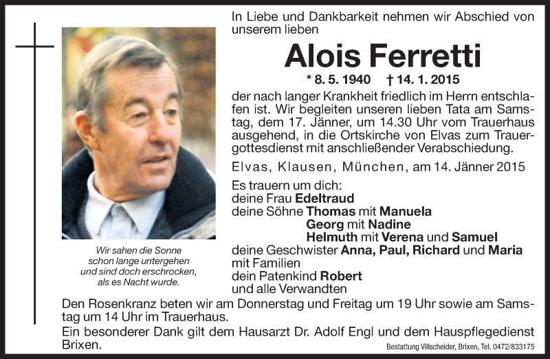  Traueranzeige für Alois Ferretti vom 15.01.2015 aus Dolomiten