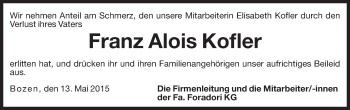 Traueranzeige von Franz Alois Kofler von Dolomiten