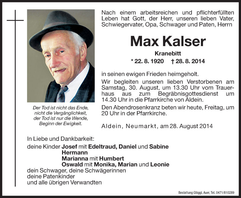  Traueranzeige für Max Kalser vom 29.08.2014 aus Dolomiten