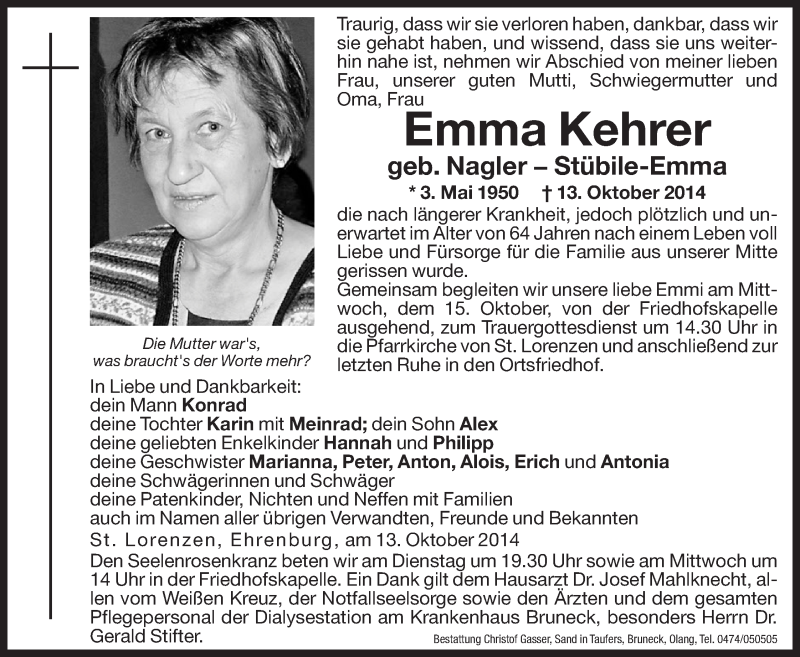  Traueranzeige für Emma Kehrer vom 14.10.2014 aus Dolomiten