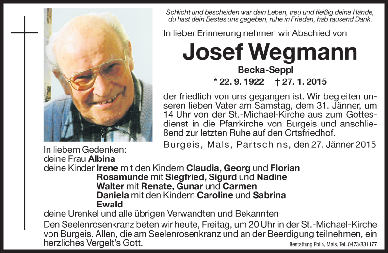  Traueranzeige für Josef Wegmann vom 30.01.2015 aus Dolomiten