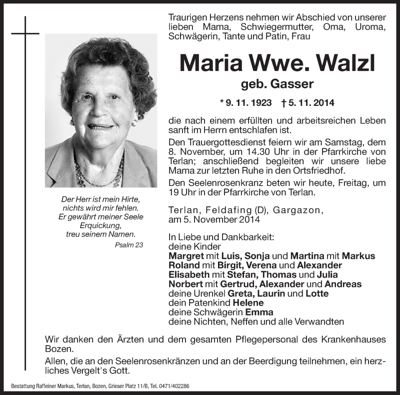  Traueranzeige für Maria Walzl vom 07.11.2014 aus Dolomiten