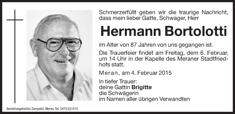  Traueranzeige für Hermann Bortolotti vom 05.02.2015 aus Dolomiten