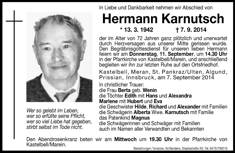  Traueranzeige für Hermann Karnutsch vom 10.09.2014 aus Dolomiten