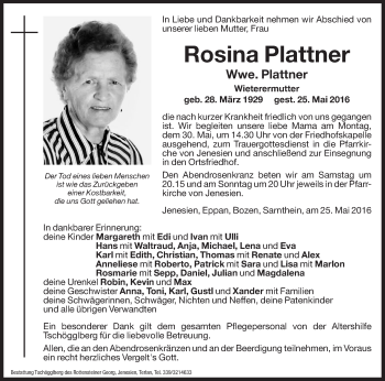 Traueranzeige von Rosina Plattner von Dolomiten