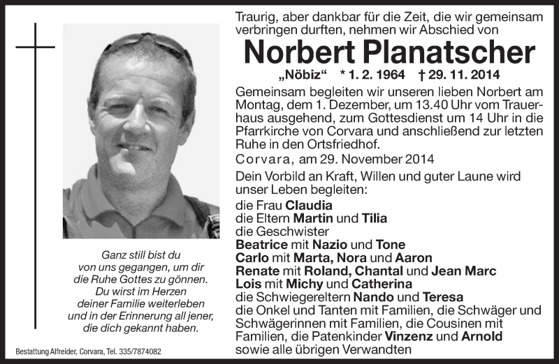  Traueranzeige für Norbert Planatscher vom 01.12.2014 aus Dolomiten