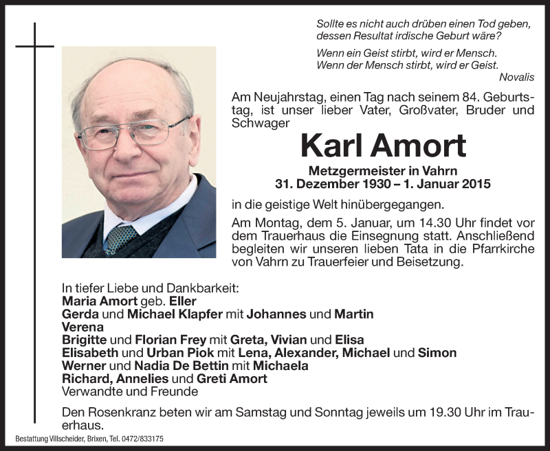  Traueranzeige für Karl Amort vom 03.01.2015 aus Dolomiten