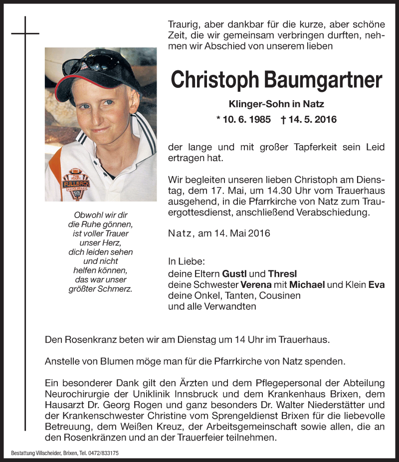  Traueranzeige für Christoph Baumgartner vom 17.05.2016 aus Dolomiten
