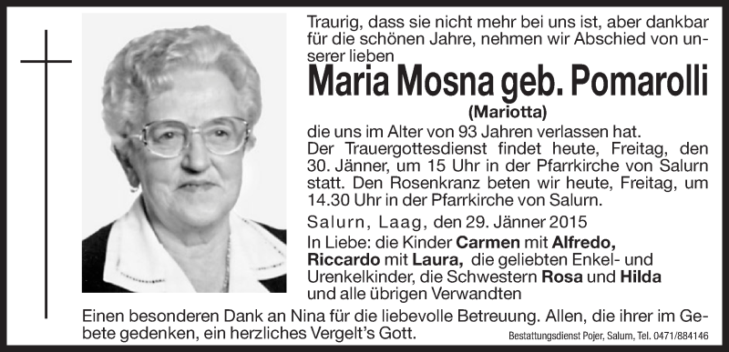  Traueranzeige für Maria Mosna vom 30.01.2015 aus Dolomiten