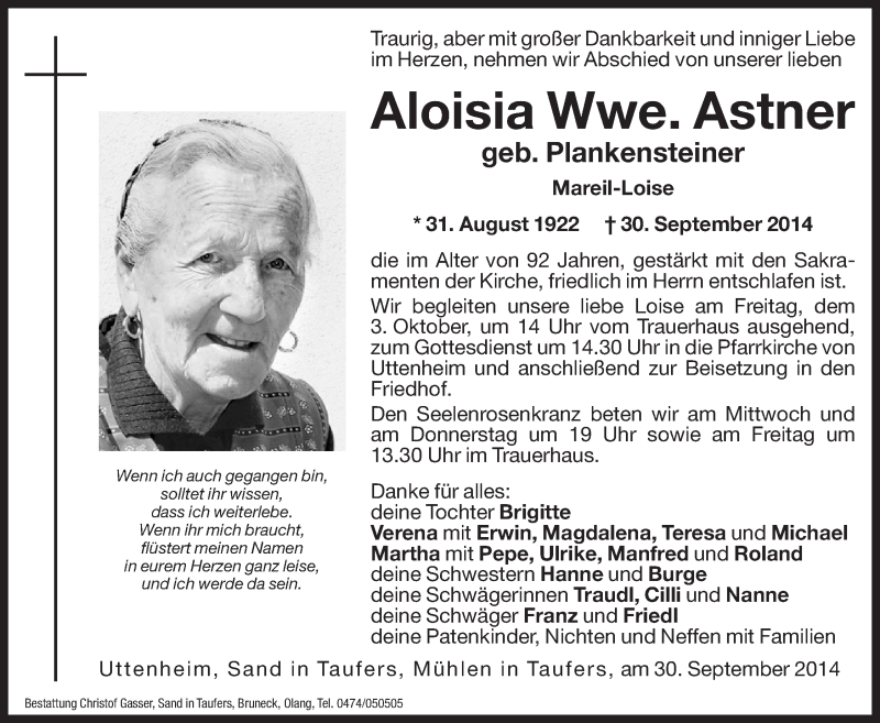  Traueranzeige für Aloisia Astner vom 01.10.2014 aus Dolomiten