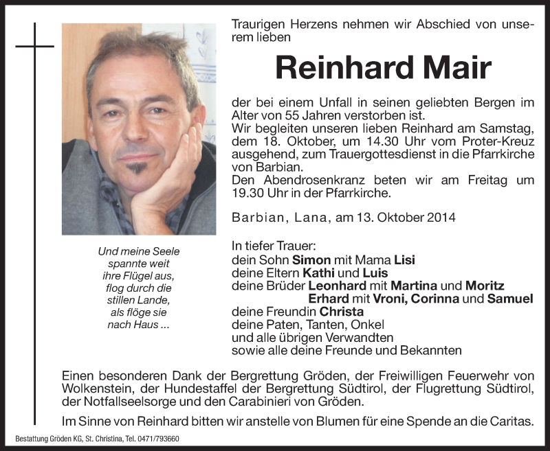  Traueranzeige für Reinhard Mair vom 17.10.2014 aus Dolomiten